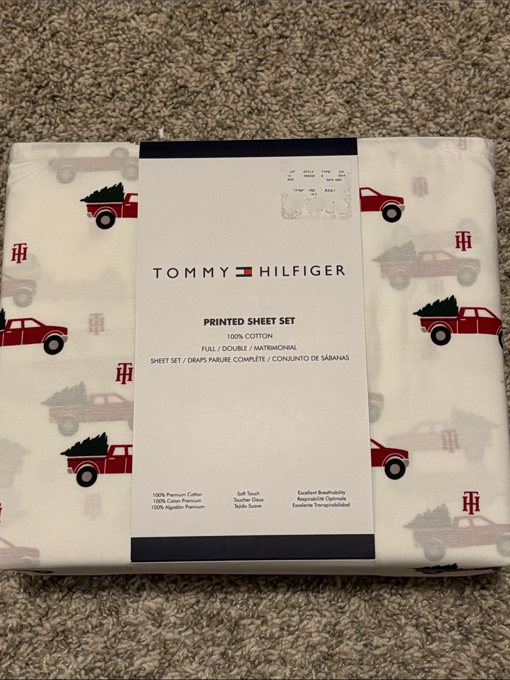 NWT Tommy Hilfiger Full White Sheet Set with Red Truck Holiday Print